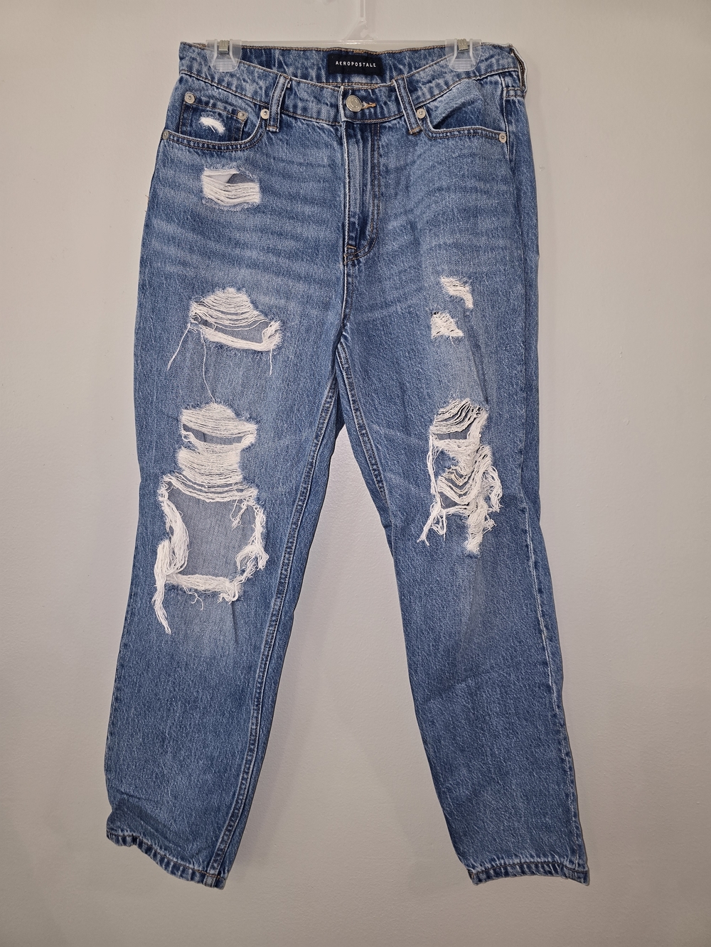 Aeropostale Women's Light Blue Distressed Mom Jean